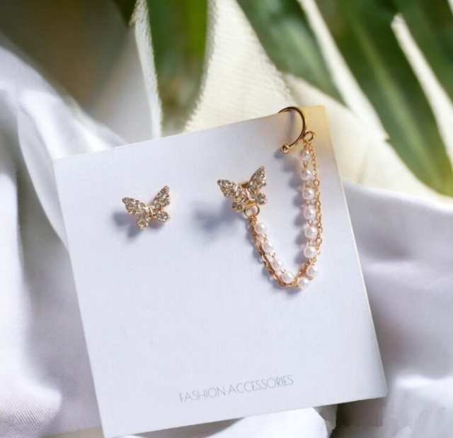 AVR JEWELS High sense of asymmetric butterfly pearl ear bone clip earrings all-in-one female super fairy tassel earrings