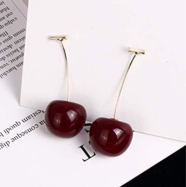 3D Red Cherry Drop Earrings Cute Fruit Gold Dangle Earrings