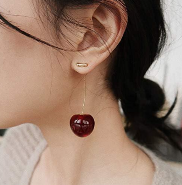 3D Red Cherry Drop Earrings Cute Fruit Gold Dangle Earrings