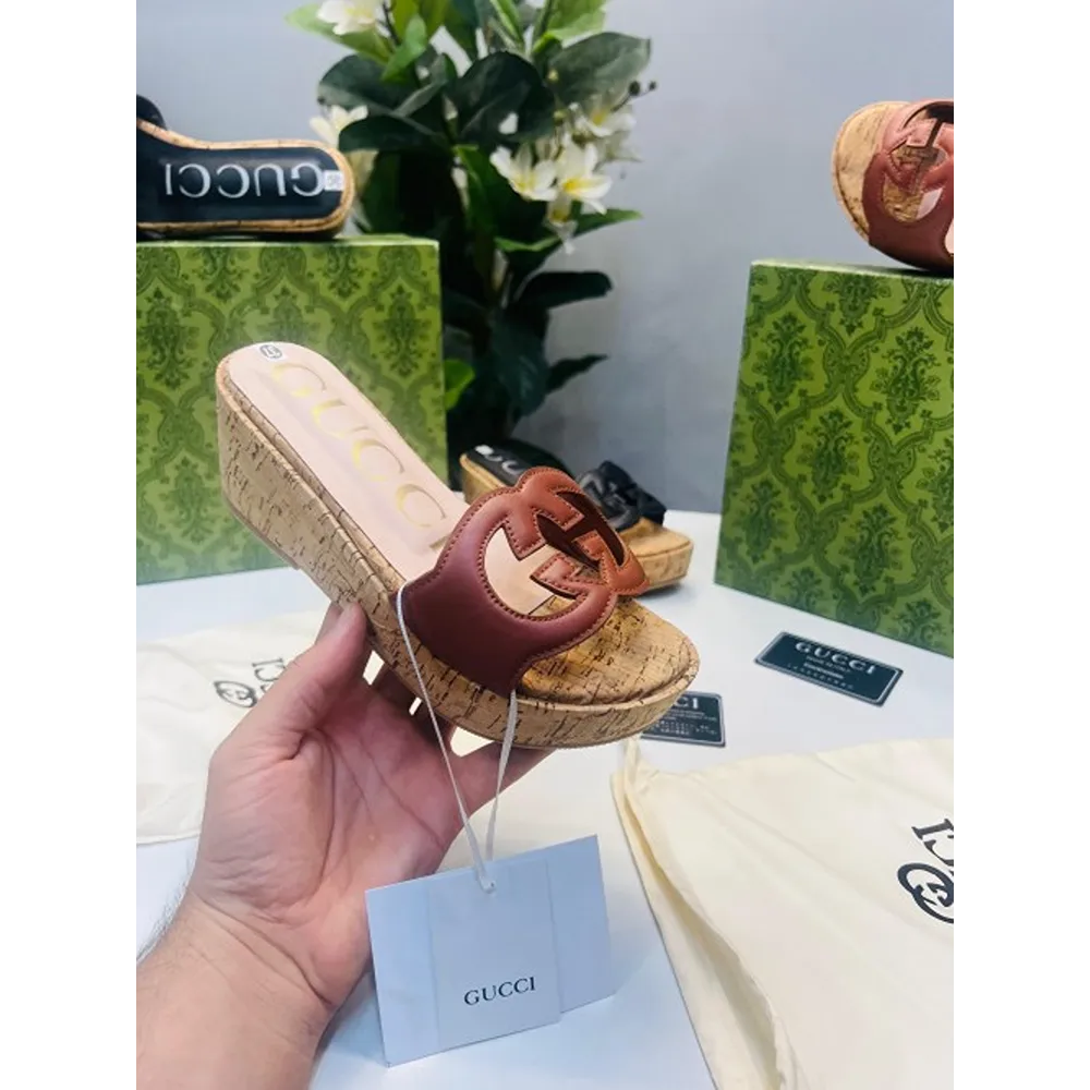 Trendy Gucci Wedged Heel Brown Shoes For Women (SHUB771)