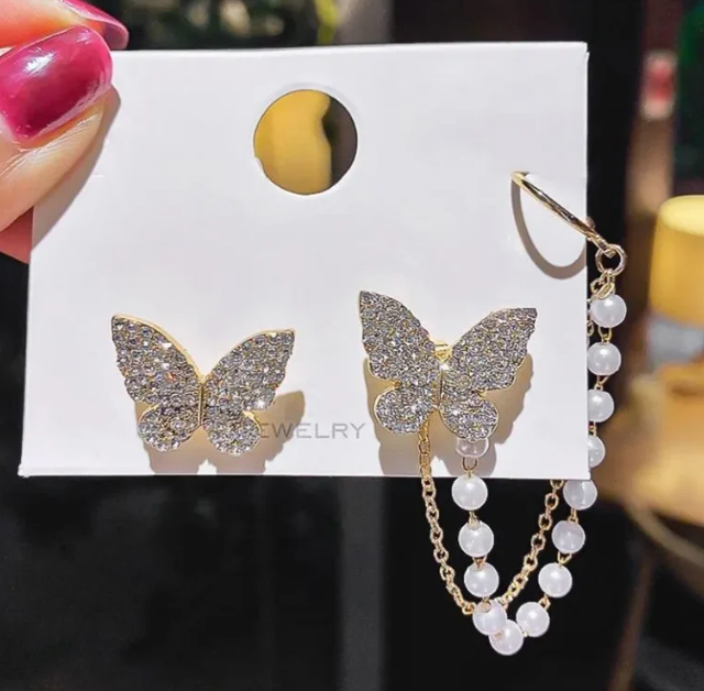 AVR JEWELS High sense of asymmetric butterfly pearl ear bone clip earrings all-in-one female super fairy tassel earrings