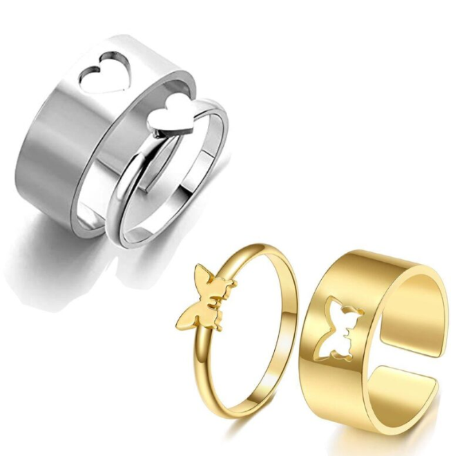 AVR JEWELS Combo of 2 Gold and Silver Plated Butterfly and Heart Couple Rings