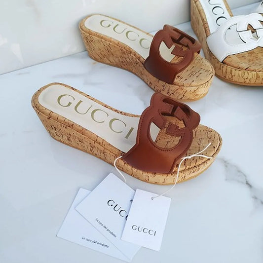 Trendy Gucci Wedged Heel Brown Shoes For Women (SHUB771)