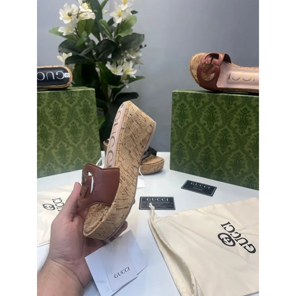 Trendy Gucci Wedged Heel Brown Shoes For Women (SHUB771)