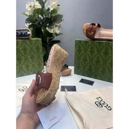 Trendy Gucci Wedged Heel Brown Shoes For Women (SHUB771)